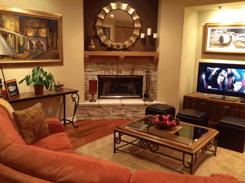 Family Room Wall Color Compliments Stone Fireplace